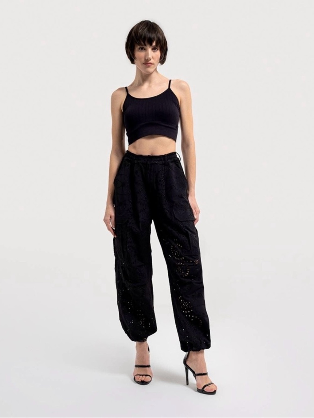 Zara Black Eyelet Track Pants with Elastic Cuffs